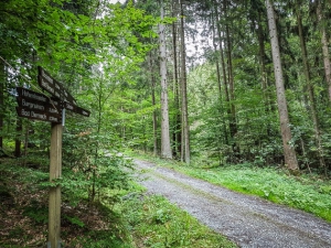 Wegweiser an Schotterweg