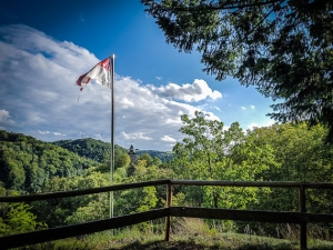 Fahne vor Kirchenruine