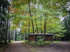 Hölzernes Info-Häuschen im Wald