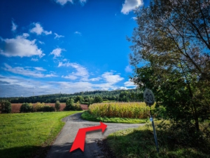 Nach rechts oben auf Schotterweg abbiegen