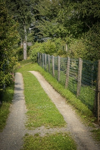 Schotterweg zwischen Gartenzäunen