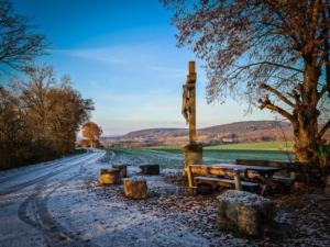 Steinernes Kruzifix-Standbild am Waldrand