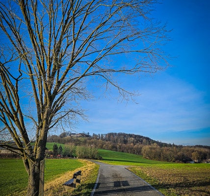 Die Landschaft bei Ehnes unterhalb der Ruine Schaumburg in frühlingshaftem Gewande