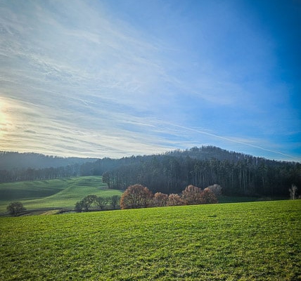 Die Landschaft bei Ehnes unterhalb der Ruine Schaumburg in frühlingshaftem Gewande