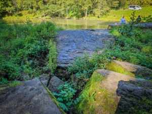 Felsen ragen in die Saale